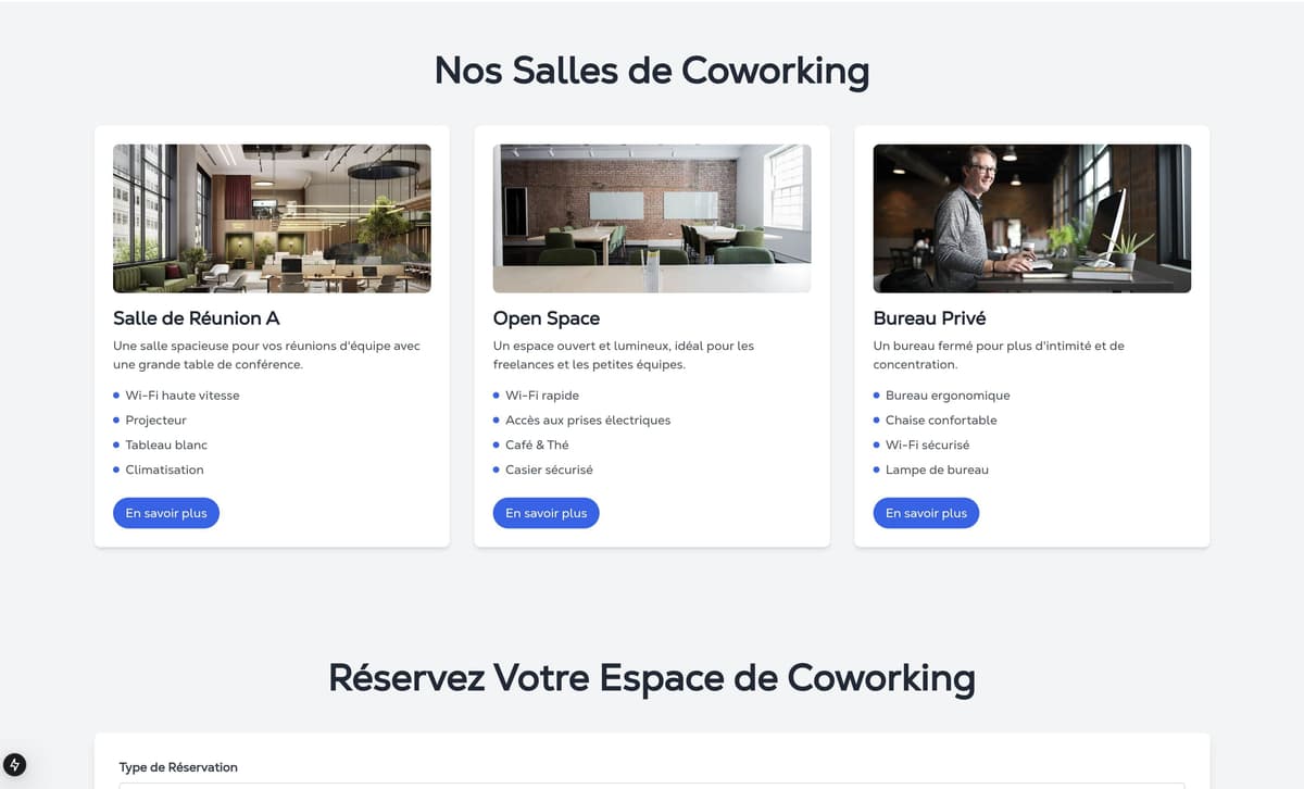 Vue de l'interface utilisateur pour Coworking