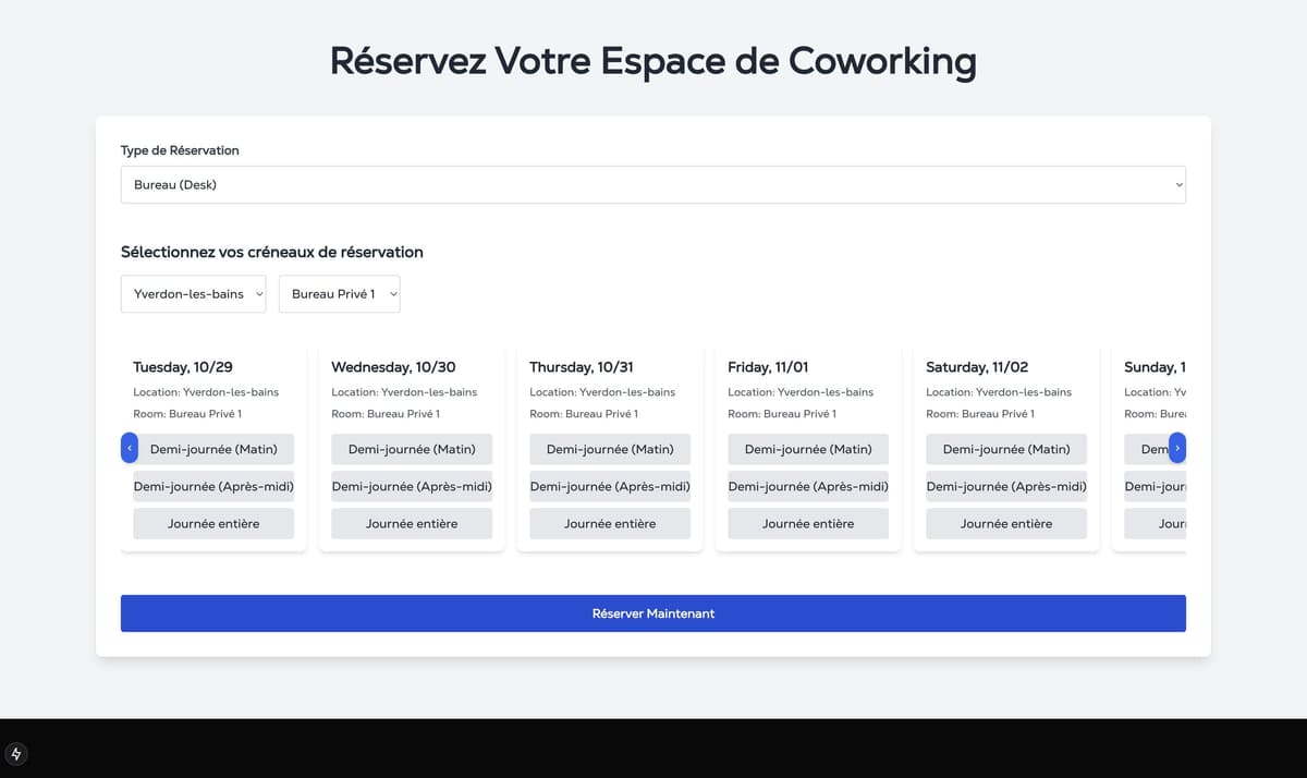 Vue de l'interface utilisateur pour Coworking