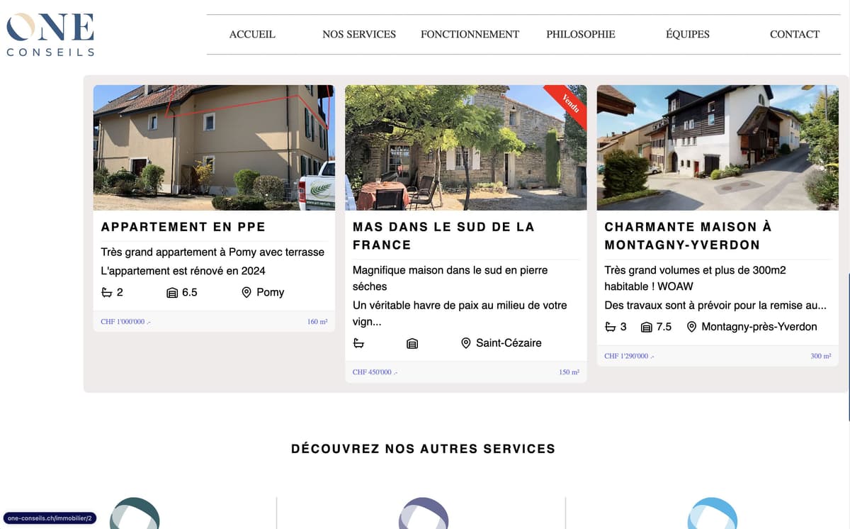 Présentation des services sur le site One Conseils